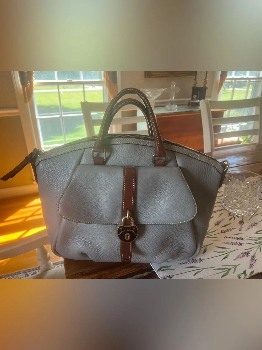 Dooney & Bourke Gray Satchel with Brown Trim
